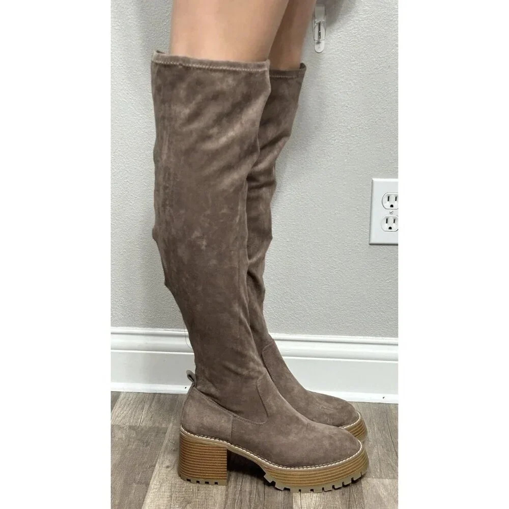 NEW Altar’d State Faux Suede Over The Knee Boots Taupe Chunky Lug Sole Size 8.5M